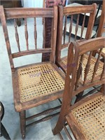 Set of 3 straight spindle back chairs, wicker seat