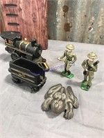 Cast iron train, frog, army men assortment