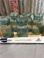 Blue quart canning jars w/ glass lids (5)