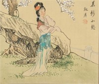 Chinese Watercolor on Silk Framed Beauty