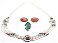 STERLING SILVER TURQUOISE AND CORAL JEWELRY