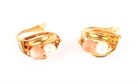 LADIES 18K YELLOW GOLD PEARL RED CORAL EARRINGS
