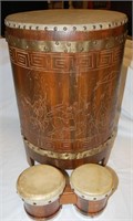 Small set Bongos and a Larger Carved Mexican Drum