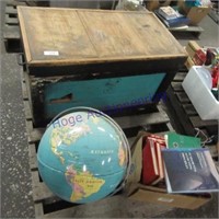 Wood box, world globe, books
