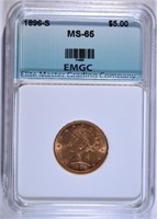 1896-S $5.00 GOLD LIBERTY, EMGC GEM BU