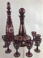 9 Pc. Antique Bohemian Glass Liquor Set &Decanters