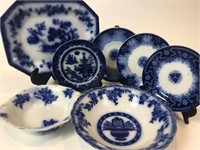 Lot of 7 Flow Blue Serving Platters,Bowls & Plates