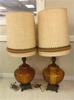 Pair of Mid-Century Brass & Amber Glass Lamps