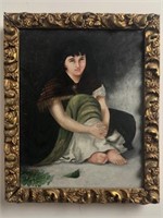 Original Oil 'Girl" in Gold Gilt Frame Artist Unkn