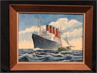 Signed TH Oil on Board Large Ship & Sail Boat