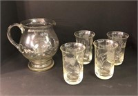 Set of Pitcher & Glasses w/Etching