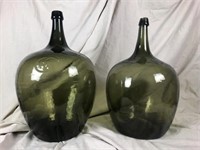 2 Vintage Olive Green Lg. Glass Bottle Demijohns