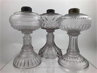 3 Antique Pressed Clear Glass Kerosene Oil Lamps