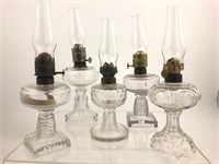 5 Assorted Antique Pressed Clear Glass Oil Lamps