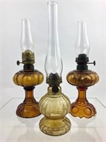 3 Antique Amber Colored Glass Oil Lamps