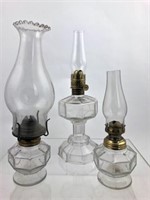 3 Antique Octagon Style Glass Oil Lamps