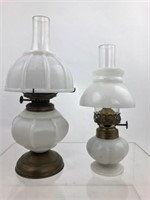 2 Wonderful Milk Glass Oil Lamps with Shades