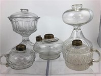 5 Assorted Antique Clear & Swirl Glass Oil Lamps