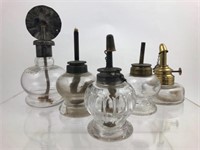 Assortment of 5 Vintage Glass One Wick Oil lamps