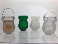 4 Antique Colored Pressed Glass Hanging Jars