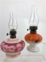 Pair of  Handpainted Milk Glass Vintage Oil Lamps