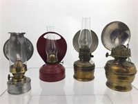 4 Assorted Antique Metal Oil Lamps w/ Reflectors