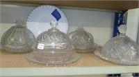 4 ANTIQUE CRYSTAL COVERED BUTTER DISHES, SILVER