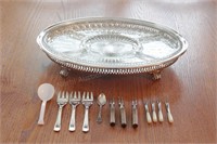 Glass Divided Pickle Tray w/Stand & Forks