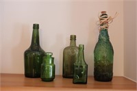Group of 5 Green Glass Bottles