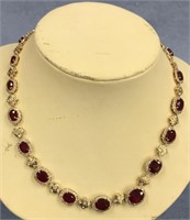 14K yellow gold ladies ruby and diamond necklace;
