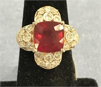 14K yellow gold ladies ruby and diamond ring, one