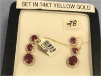 Pair of 14K yellow gold and ruby diamond dangle ea
