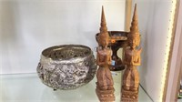 LARGE METAL FOOTED BOWL & WOOD STATUES