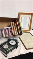 Group of CDs audiobooks vintage books and framed