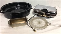 Enamel Roasting pan with vintage GE waffle baker