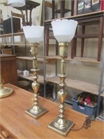 Two Brass Table Lamps W/Milkglass Shades