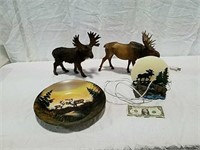 Moose theme figures, hand-painted plate and light