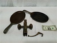2 cast iron pans, old metal door knobs and hook
