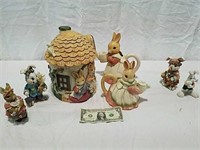 Rabbit cookie jar, pitcher  and teapot and other