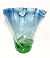 Large Art Glass Vase with Ruffle Rim