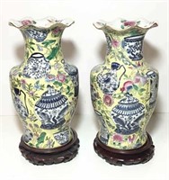 Asian Hand Painted Vase on Wooden Stand
