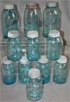 11 Vintage Blue Canning Jars, Zinc Lids