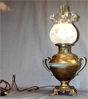 Antique Electrified Brass Oil Lamp, Etched Shade