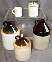 3 Brown Top Stoneware Jugs, a Crock and a Cup