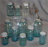 10 Vintage Ball Blue Glass Mason Jars, Zinc Lids