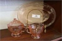 3 Pieces Cabbage Rose Pink Depression Glass