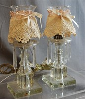 Pair Vintage Glass Lamps w/Prisms, Crochet Shades