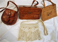 3 Vintage Tooled Leather and 1 Crocheted Handbags