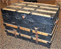 Antique Wood Strapped Metal Trunk