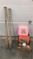 Wooden baseball bat and balls, lunch pails